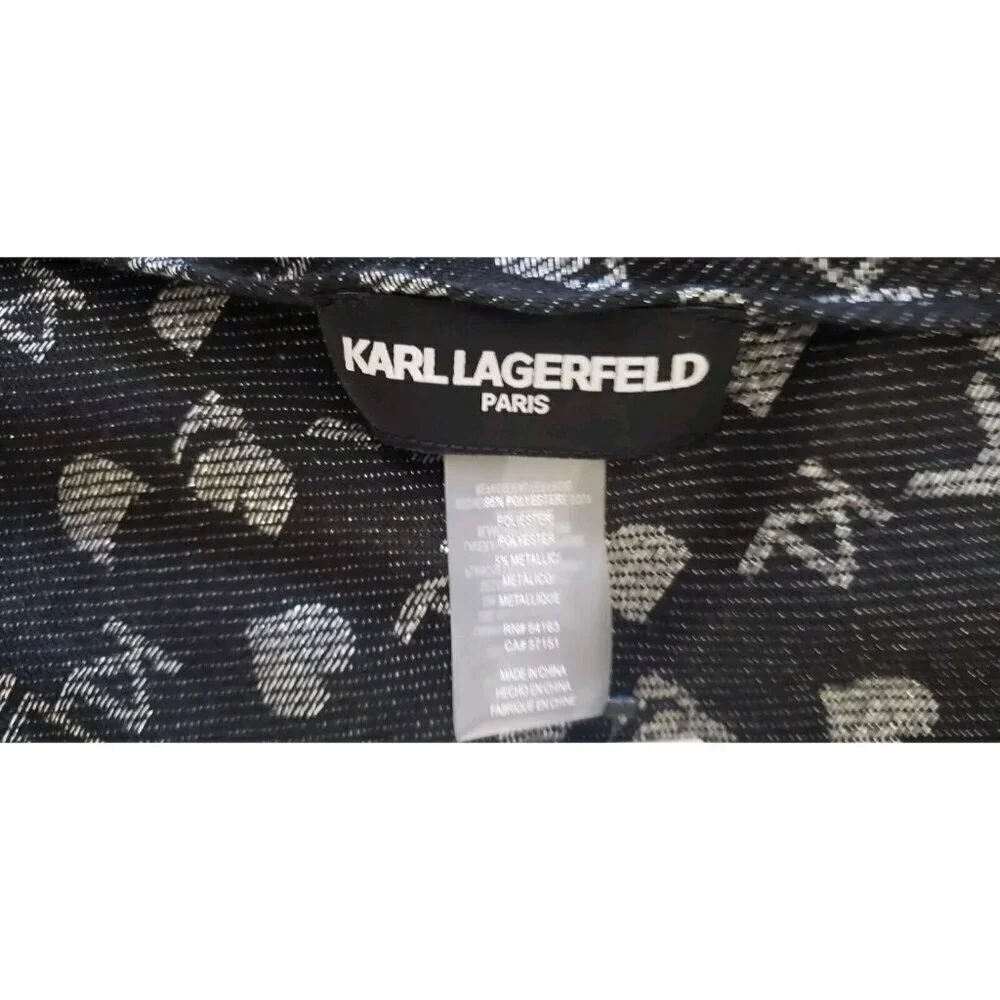 NWT KARL LAGERFELD PARIS LOGO ALL OVER PRINT BLACK METALLIC SILVER SCARF WRAP